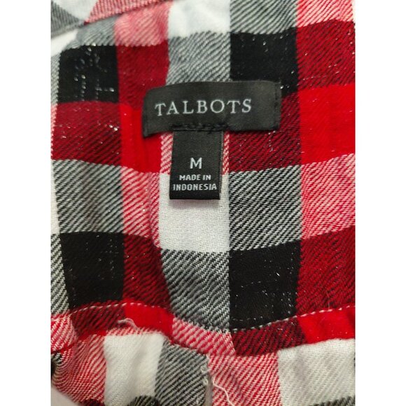 Talbots Flannel Shimmer Button Up Blouse Red White Gold Plaid Cozy Cabin Med - Picture 7 of 7